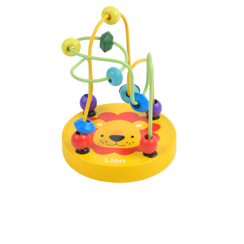 Colorful lion-themed baby toy with beads on a white background