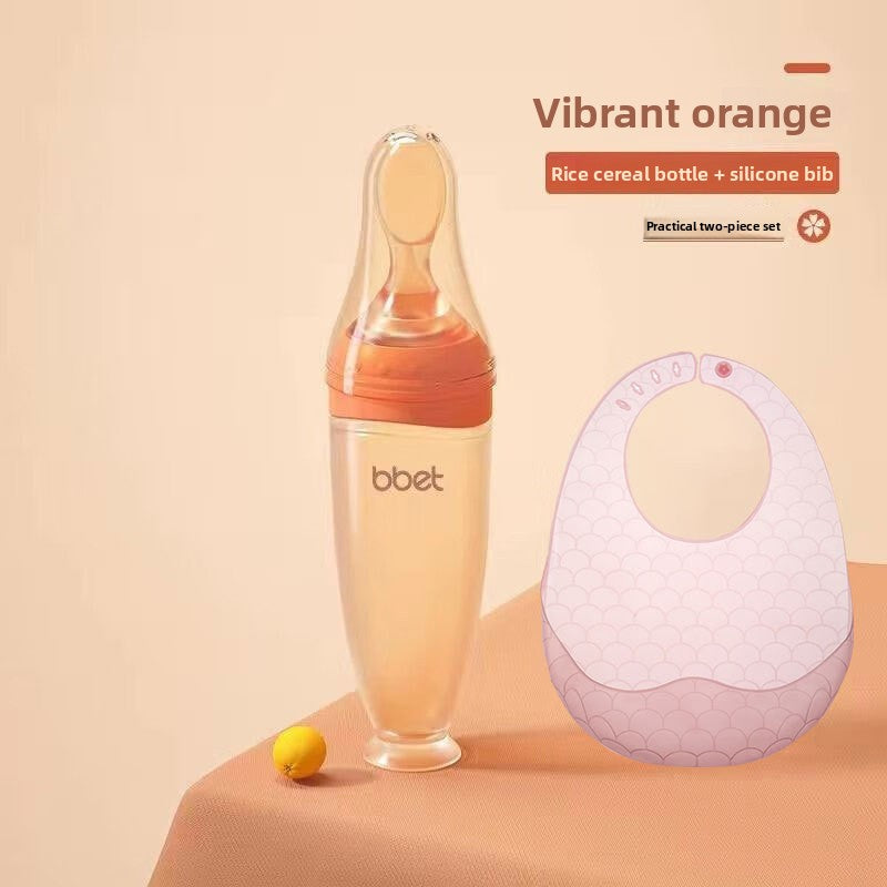 Rice cereal bottle and silicone bib set with 'bbet' branding on a beige background