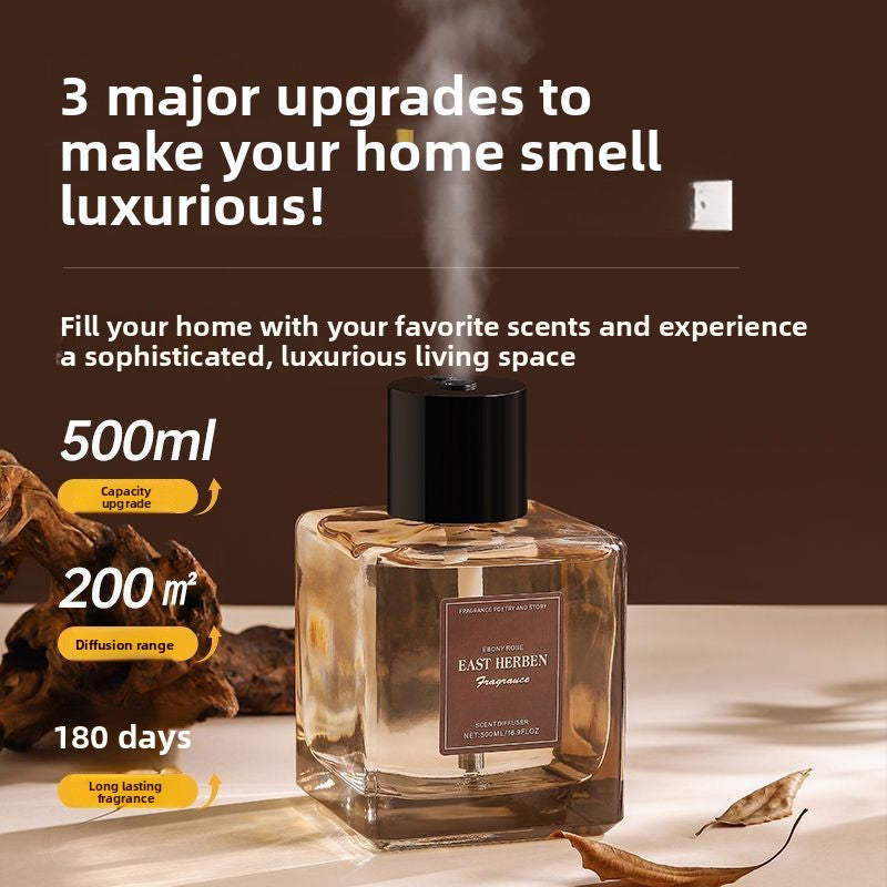 A diffuser bottle with text highlighting features on a brown background