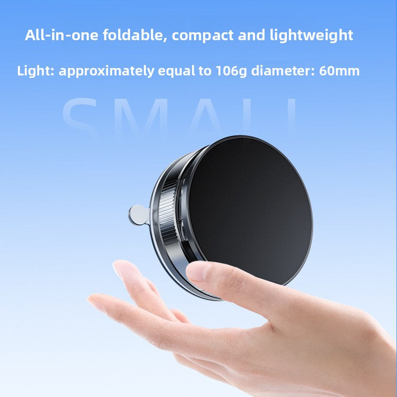 Foldable, compact, and lightweight lens held in a hand against a blue background with text.