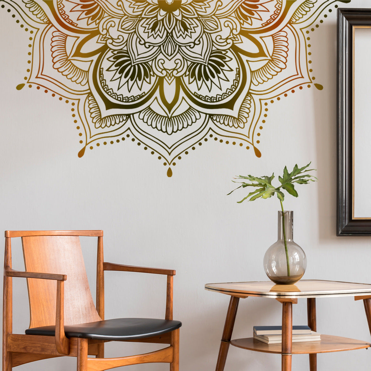 Decorative wall mandala with a wooden chair and table in a room setting.