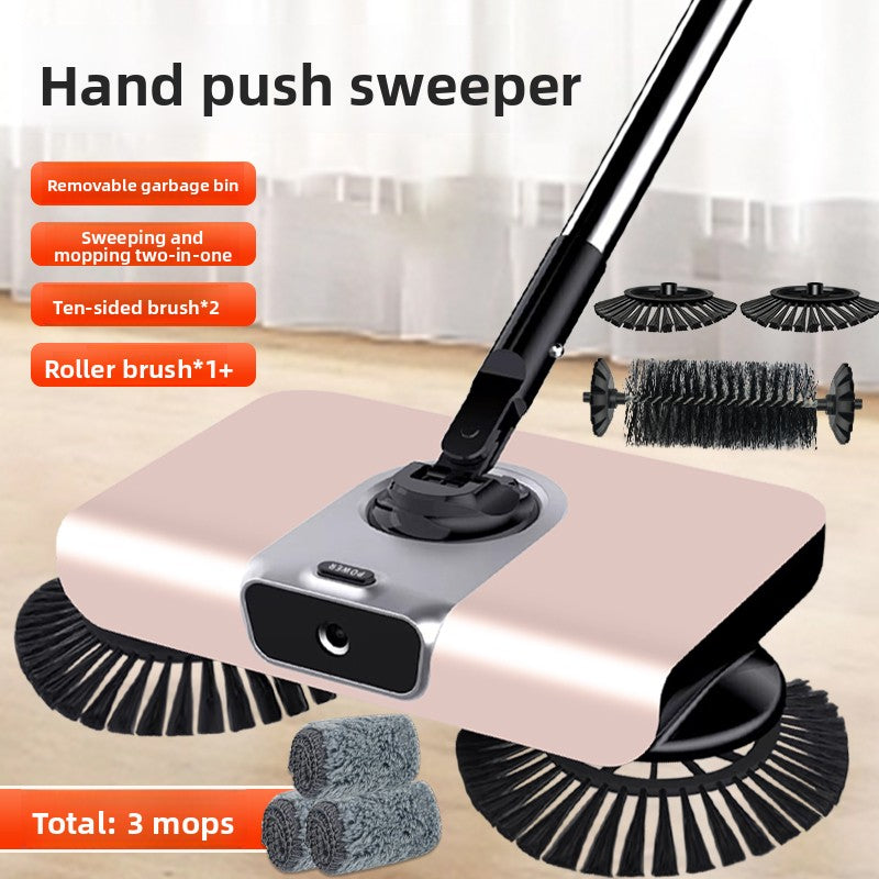 Hand push sweeper with additional brushes and a garbage bin on a light background