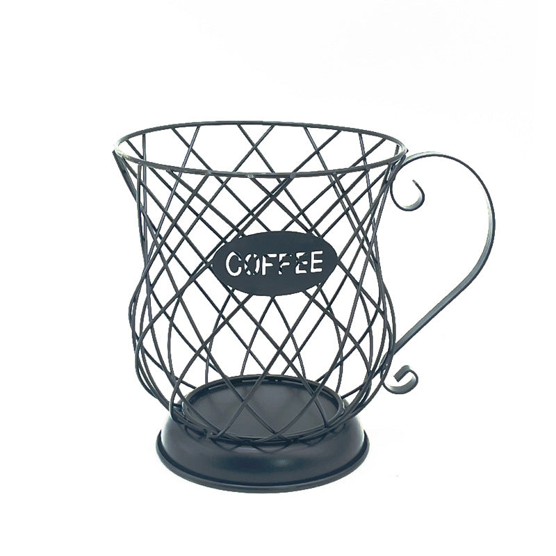 Wire coffee pods holder with 'COFFEE' label on a white background