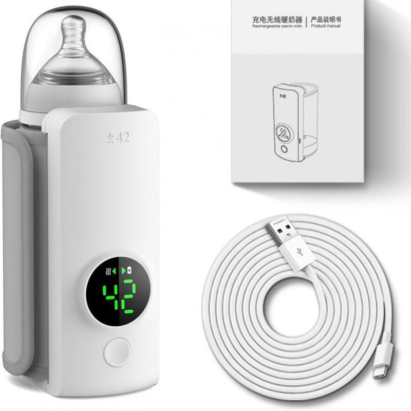 Baby bottle warmer with digital display, USB cable, and packaging on a white background