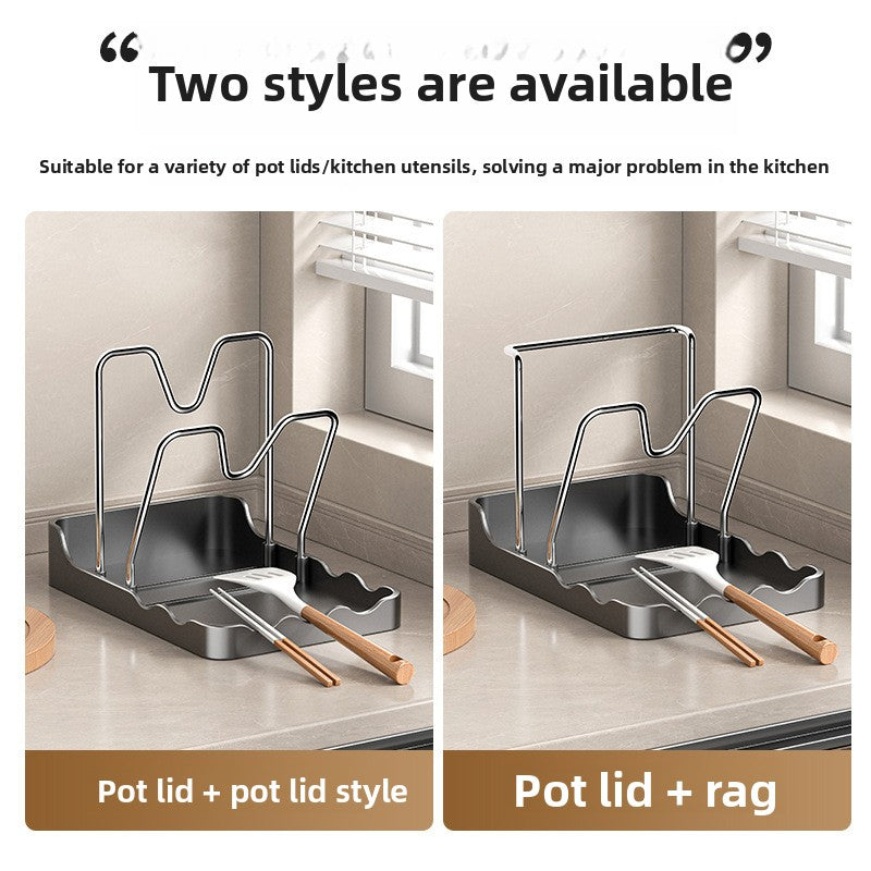 Two styles of a kitchen utensil holder with pot lids and a rag on a countertop.