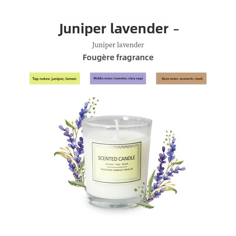 Scented candle with lavender flowers and Juniper Lavender fragrance description on a white background