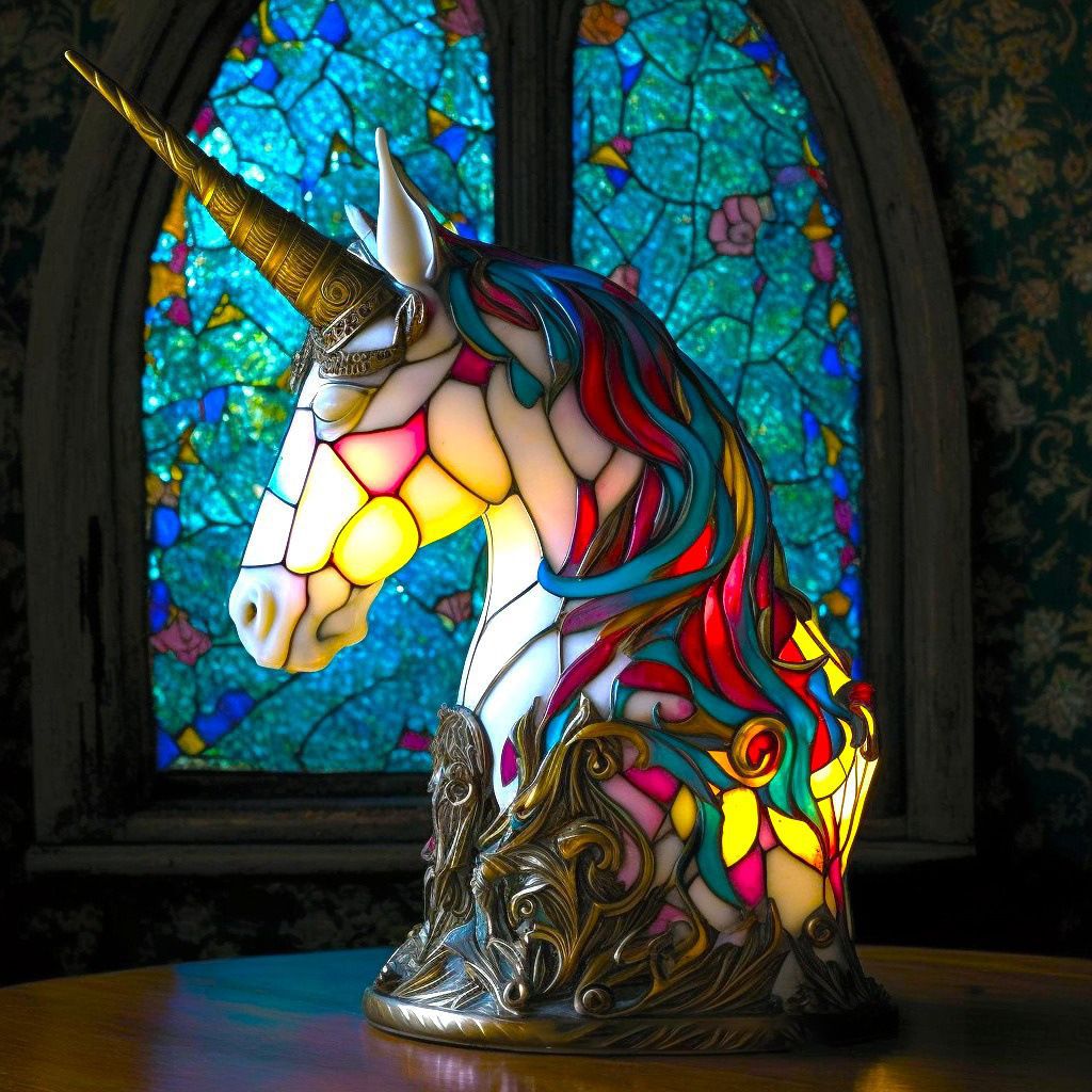 Colorful unicorn lamp with stained glass window in the background
