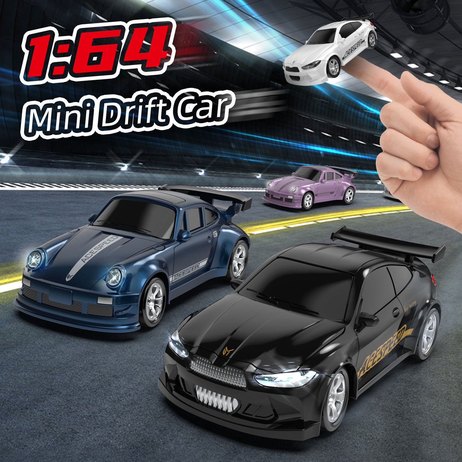 1:64 scale mini drift cars with a hand holding one above a race track background.