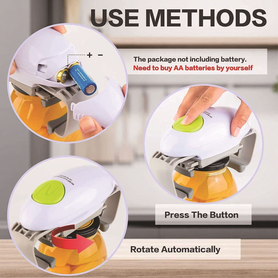 Instructions for using a device with circular components and a hand pressing a button.