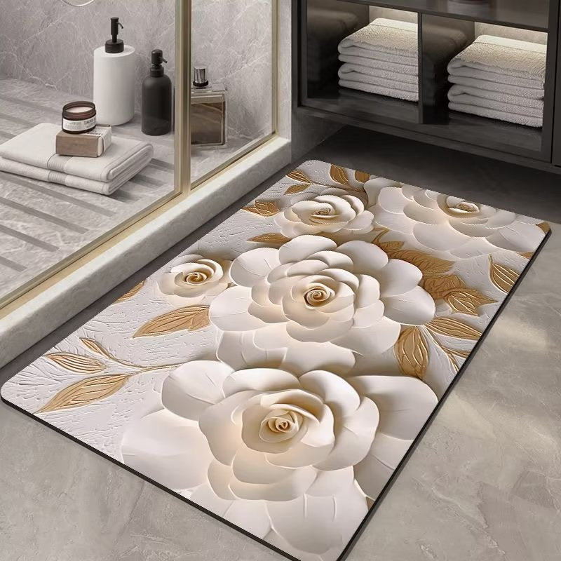 Floral patterned rug on a bathroom floor with towels and a mirror in the background.