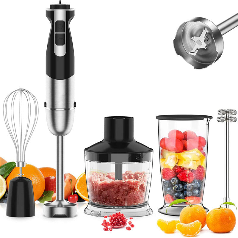 Set of kitchen appliances including a blender, whisk, and chopper with fruits and vegetables on a white background.