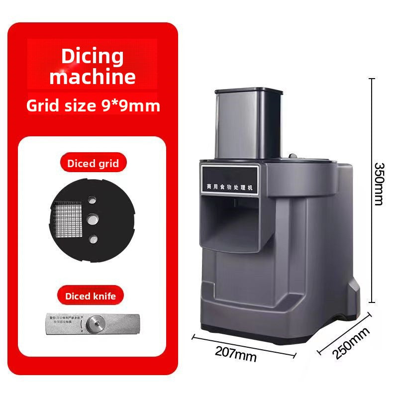 Dicing machine with red label and dimensions on a white background