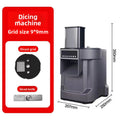 Dicing machine with red label and dimensions on a white background
