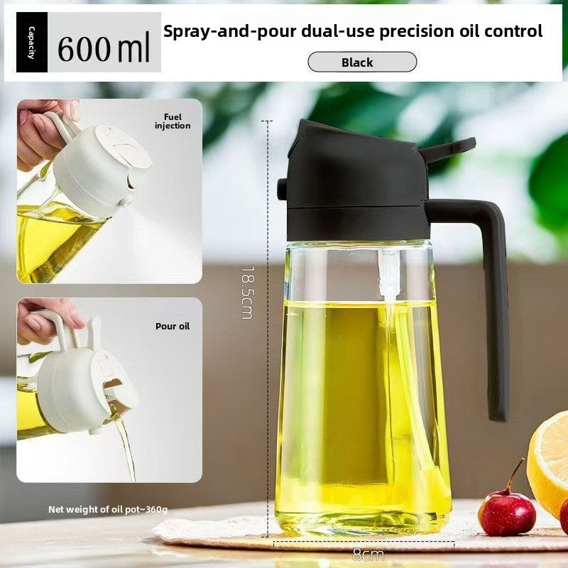 Spray-and-pour dual-use precision oil control bottle with black top and yellow liquid, on a neutral background.