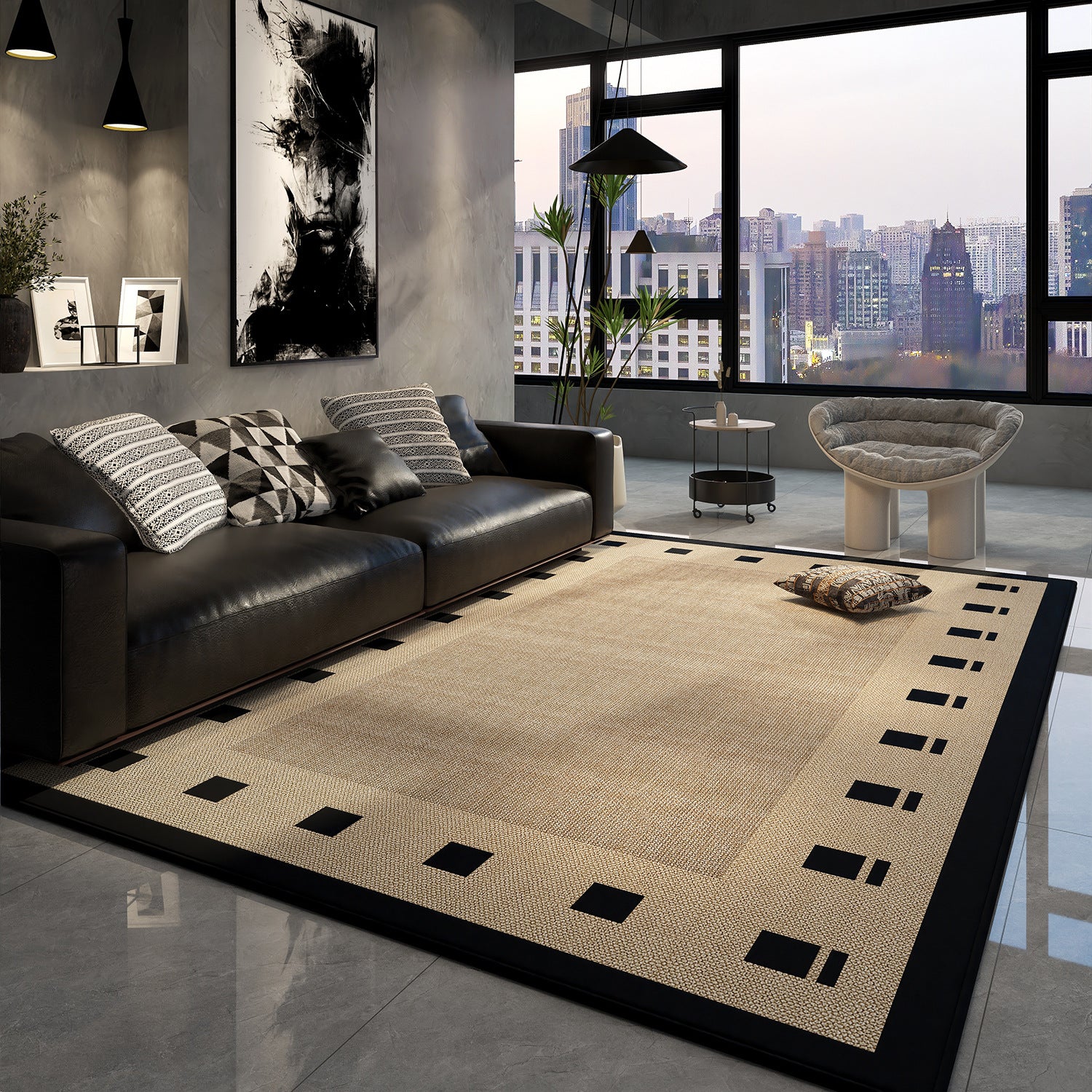 Modern living room with a large rug, sofa, and cityscape view.