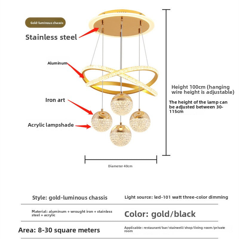 Chandelier with labeled materials and specifications on a white background