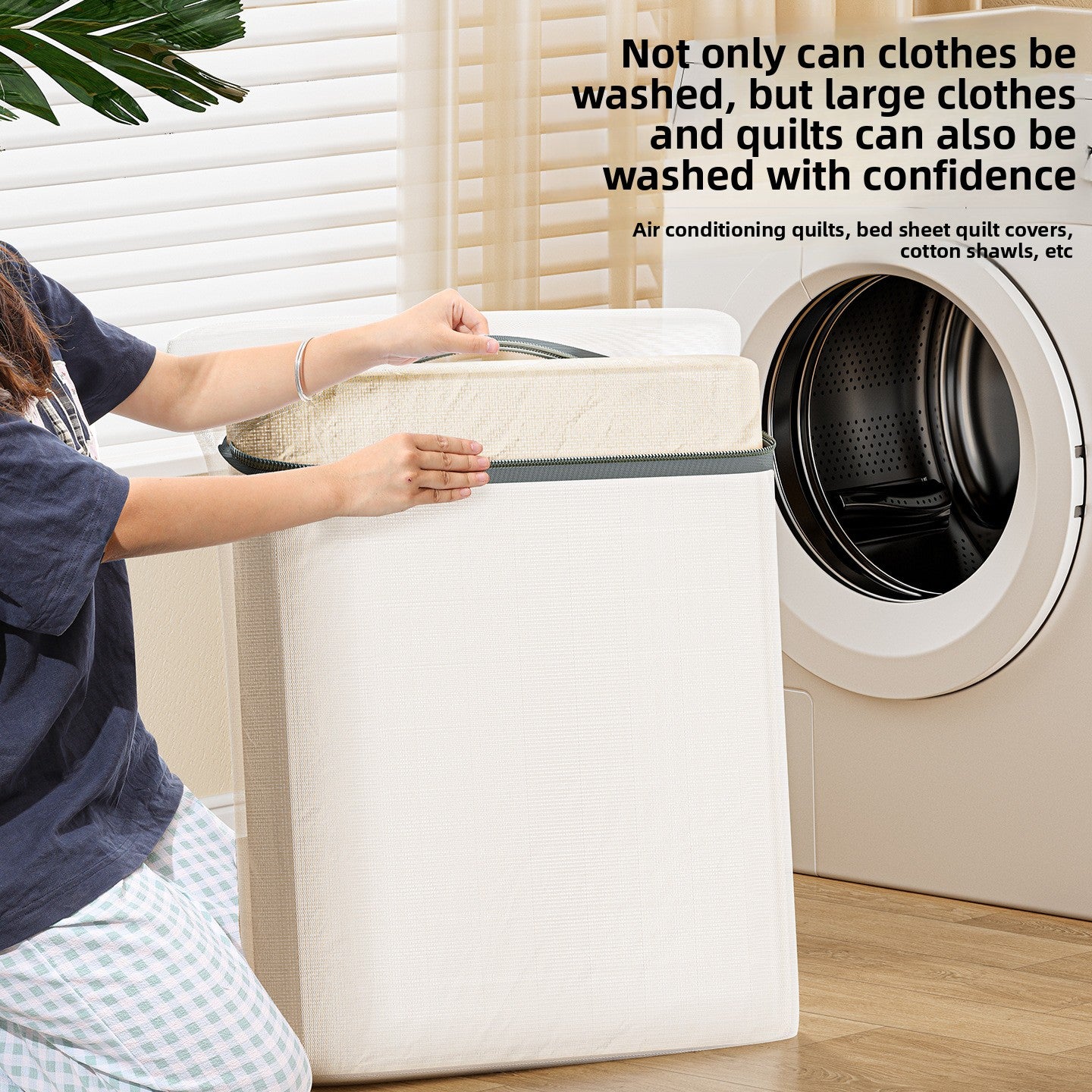Person using a washing machine with large items inside, text about washing clothes and quilts.