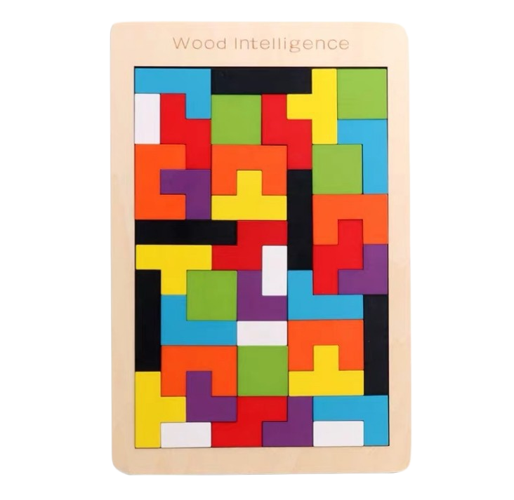 Colorful wooden puzzle with geometric shapes on a white background, branded 'Wood Intelligence'.