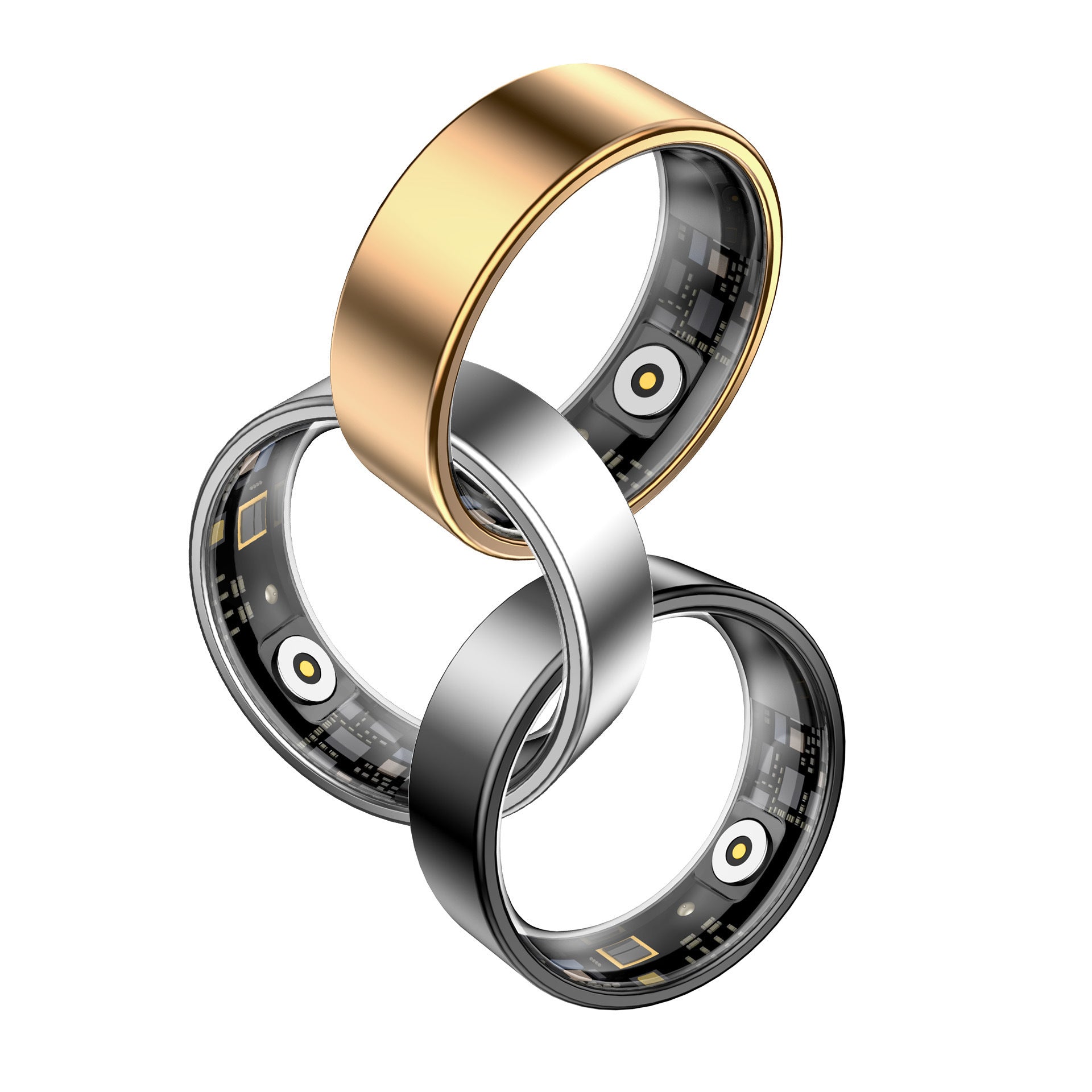Two smart rings, one gold and one silver, on a white background