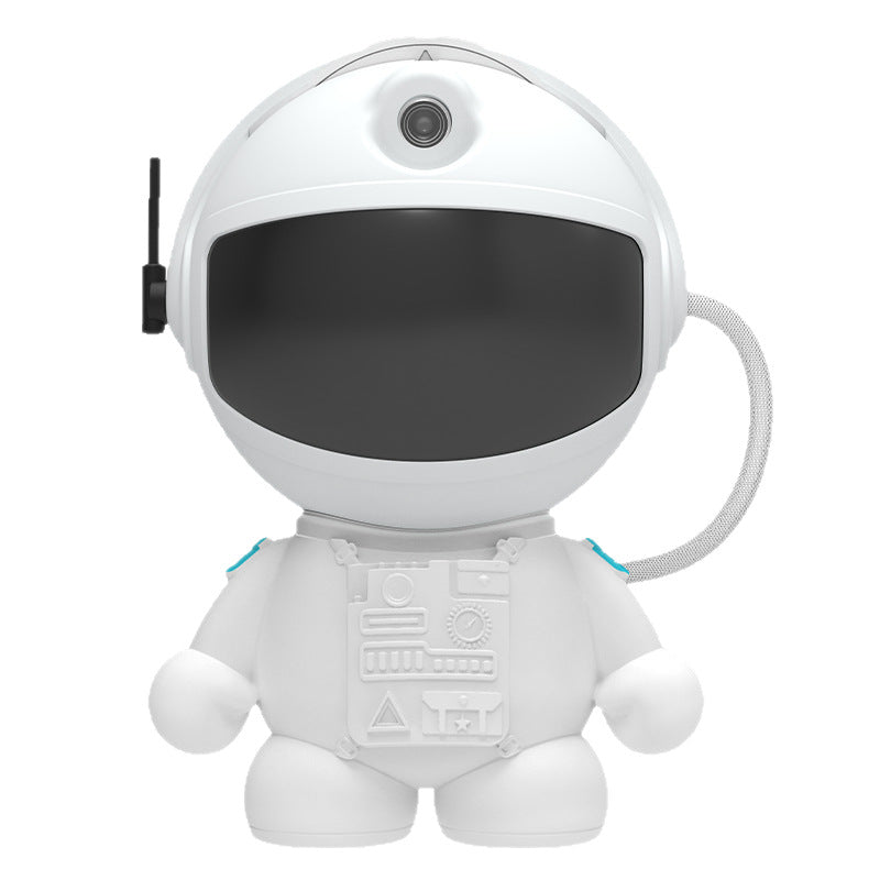 White robot toy with an astronaut helmet on a white background