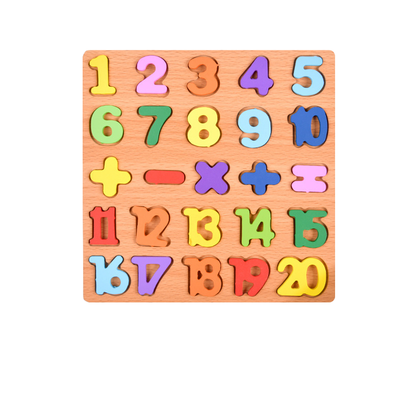 Colorful wooden puzzle with numbers and letters on a white background