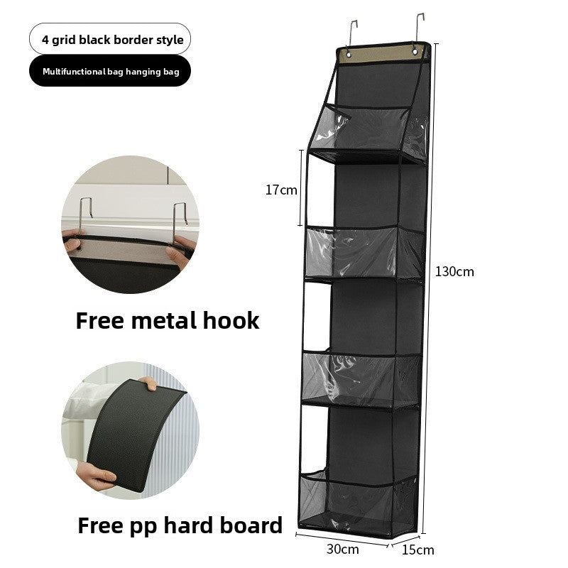 Multifunctional bag hanging organizer with black border style, free metal hook, and pp hard board on a white background.