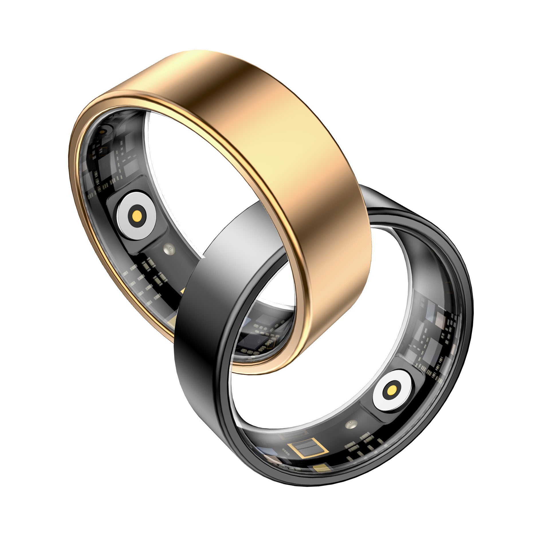 Two smart rings, one gold and one black, on a white background