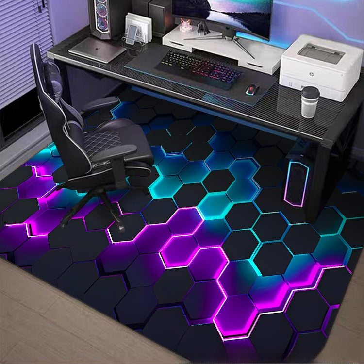Modern gaming setup with a desk, chair, and colorful LED floor.